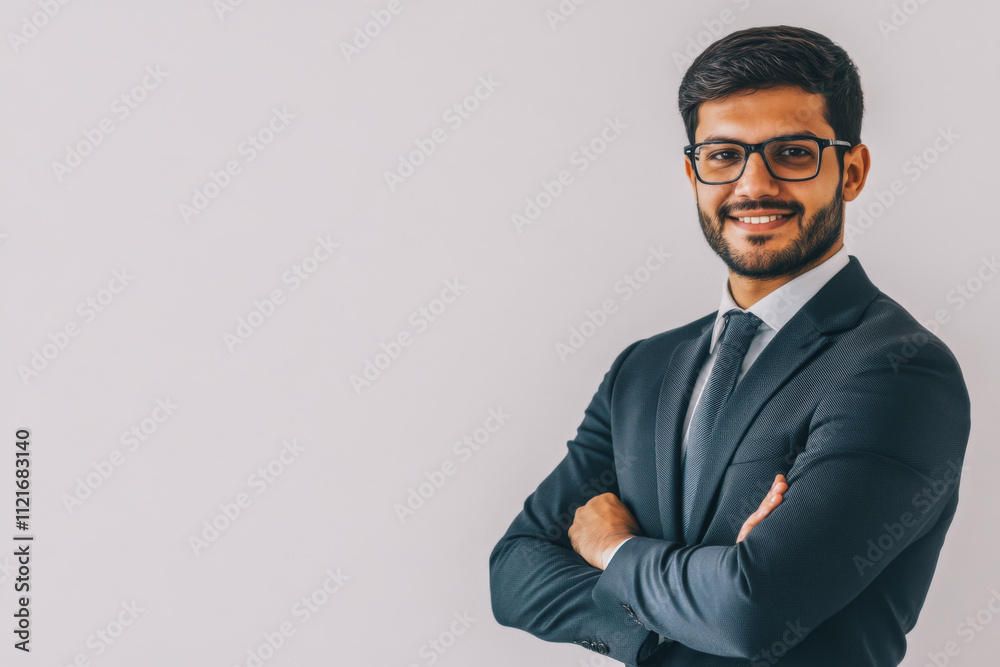 Portrait of a business smiling Muslim man about 30 years old in a business suit on a bright background in the studio Portrait of a business smiling Muslim man about 30 years old in a business suit on a bright background in the studio
