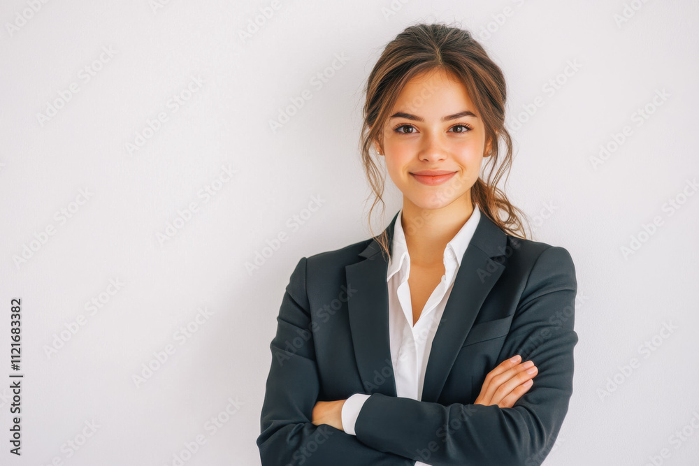Portrait of a business smiling European woman about 30 years old in a business suit on a bright background in the studio Portrait of a business smiling European woman about 30 years old in a business suit on a bright background in the studio