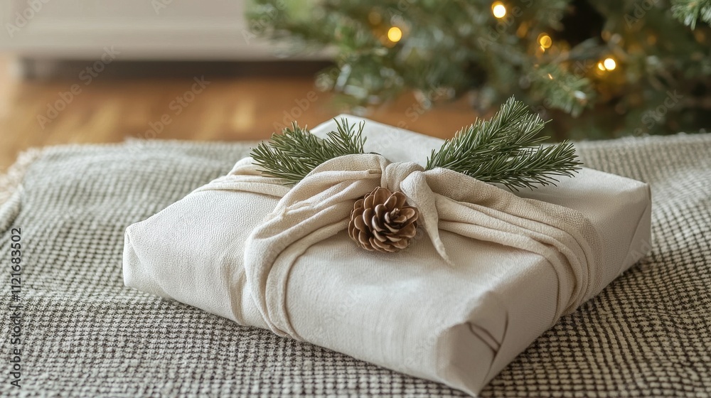 A beautifully wrapped gift with natural elements, set against a cozy backdrop, evoking a warm holiday atmosphere. A beautifully wrapped gift with natural elements, set against a cozy backdrop, evoking a warm holiday atmosphere.