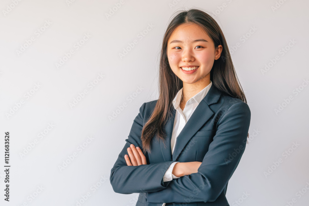 Portrait of a business smiling Chinese woman about 30 years old in a business suit on a bright background in the studio Portrait of a business smiling Chinese woman about 30 years old in a business suit on a bright background in the studio