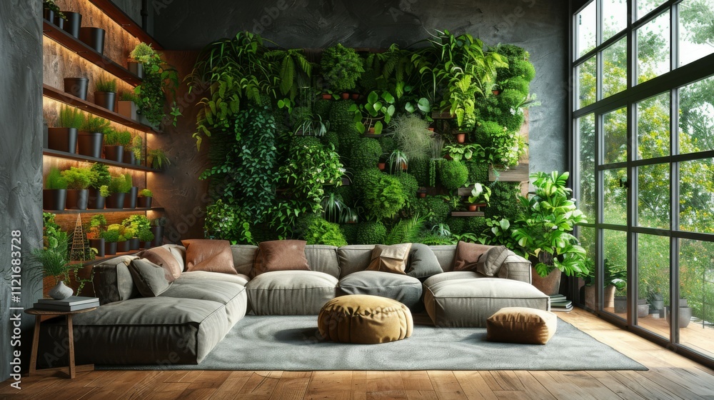 A living room with a large wall of plants and a couch with pillows A living room with a large wall of plants and a couch with pillows
