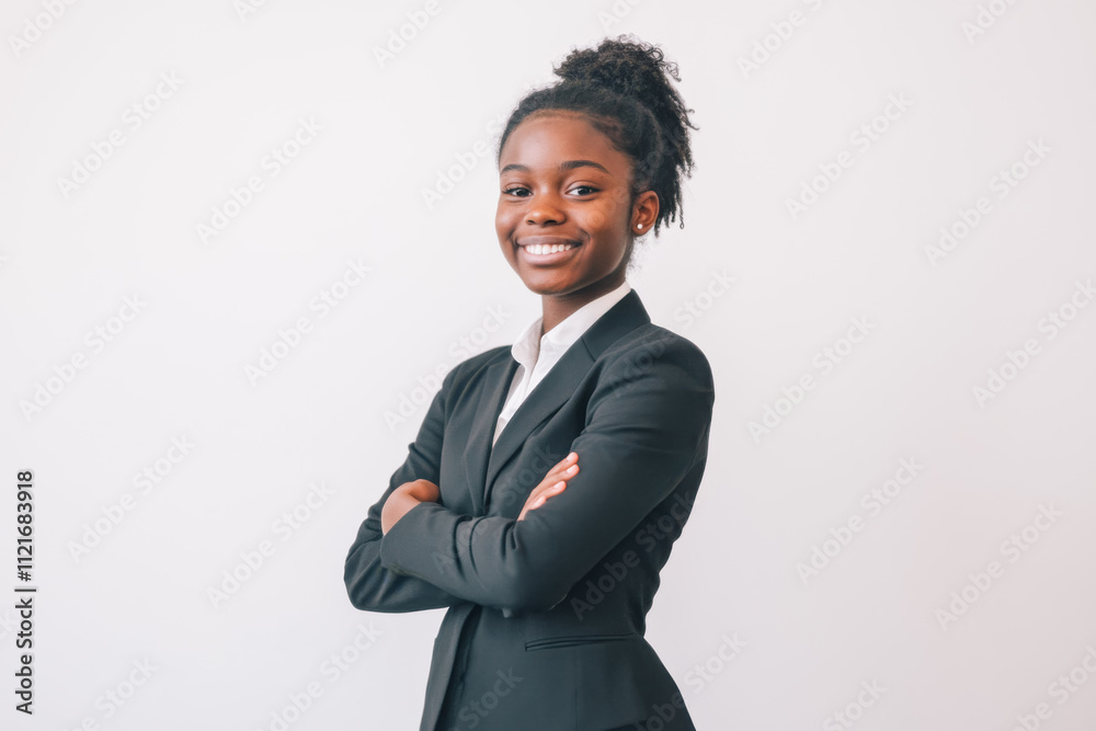Portrait of a business smiling African American woman about 30 years old in a business suit on a bright background in the studio Portrait of a business smiling African American woman about 30 years old in a business suit on a bright background in the studio