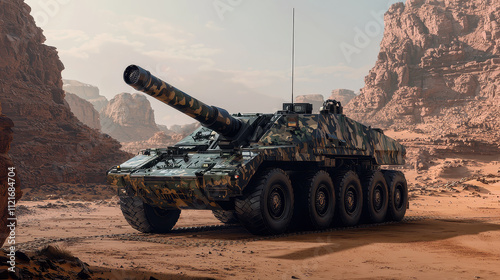 sleek self propelled artillery vehicle in desert landscape, showcasing modern military design and camouflage. powerful cannon is ready for action amidst rocky terrain photo