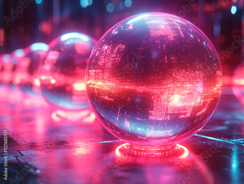 Image depicts a row of glowing, spherical objects floating above a surface, emitting pink and red light The spheres have circuit-like patterns inside and are arranged linearly in a futuristic settin photo