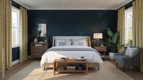 Modern Bedroom Design with Dark Blue Walls and Stylish Decor