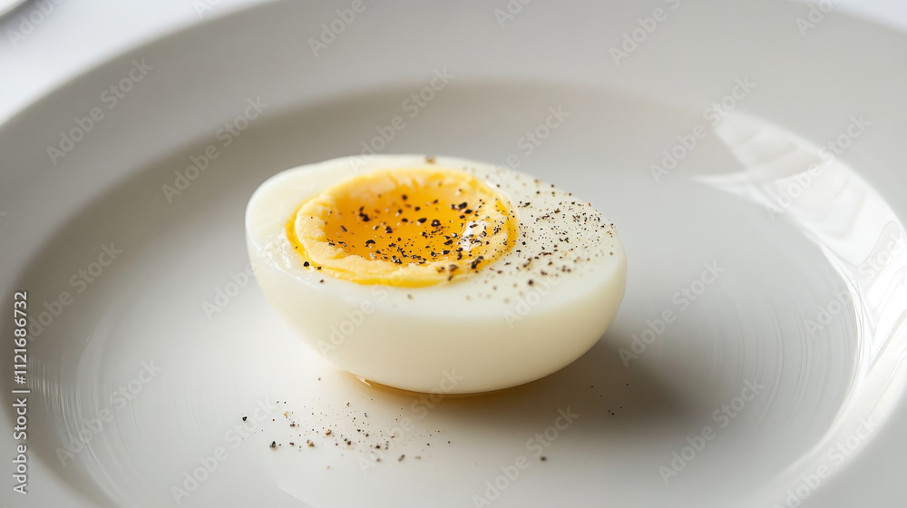 A boiled egg, sliced in half, rests on a smooth white plate. The creamy white contrasts with the rich golden yolk, lightly dusted with black pepper, creating a simple, elegant, and serene scene. A boiled egg, sliced in half, rests on a smooth white plate. The creamy white contrasts with the rich golden yolk, lightly dusted with black pepper, creating a simple, elegant, and serene scene.