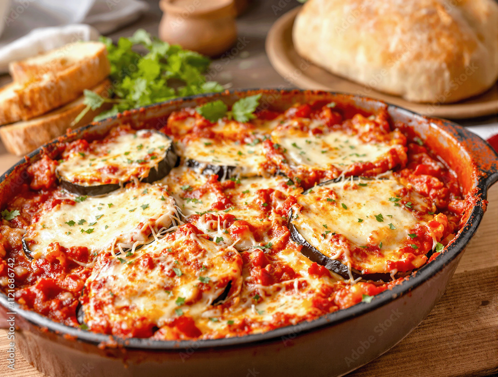 Delicious Homemade Eggplant Parmesan With Fresh Bread And Herbs On Table Delicious Homemade Eggplant Parmesan With Fresh Bread And Herbs On Table