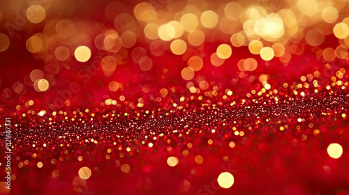 Motion Abstract Background of Glittering gold Particles with lens flare, Defocused gold Particles on red Background. Christmas and Celebration events background, Chinese new year background.