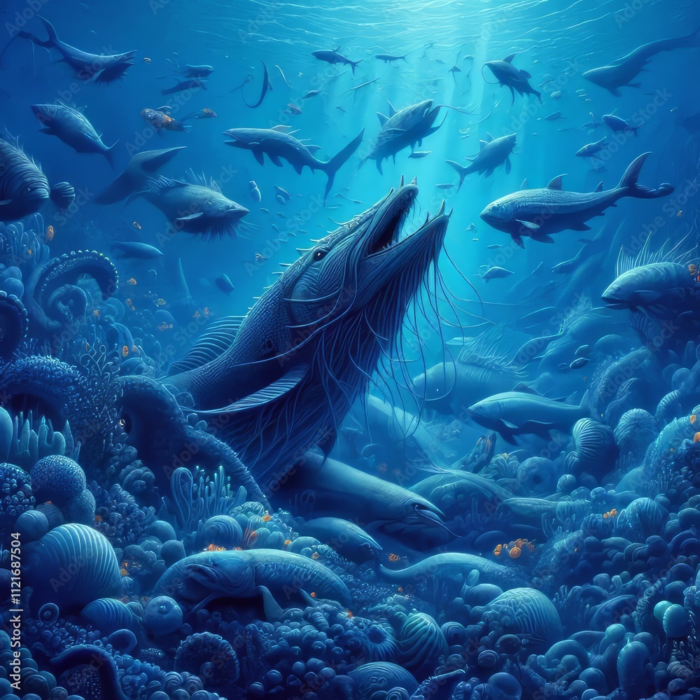Fototapeta premium 119 Marine creatures gather in deep sapphire colored seas to cel