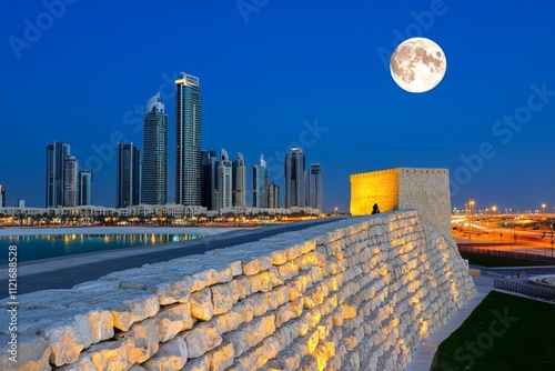 A photo of the Qasr Al Hosn, Abu Dhabi oldest stone building, illuminated beautifully against the night sky photo