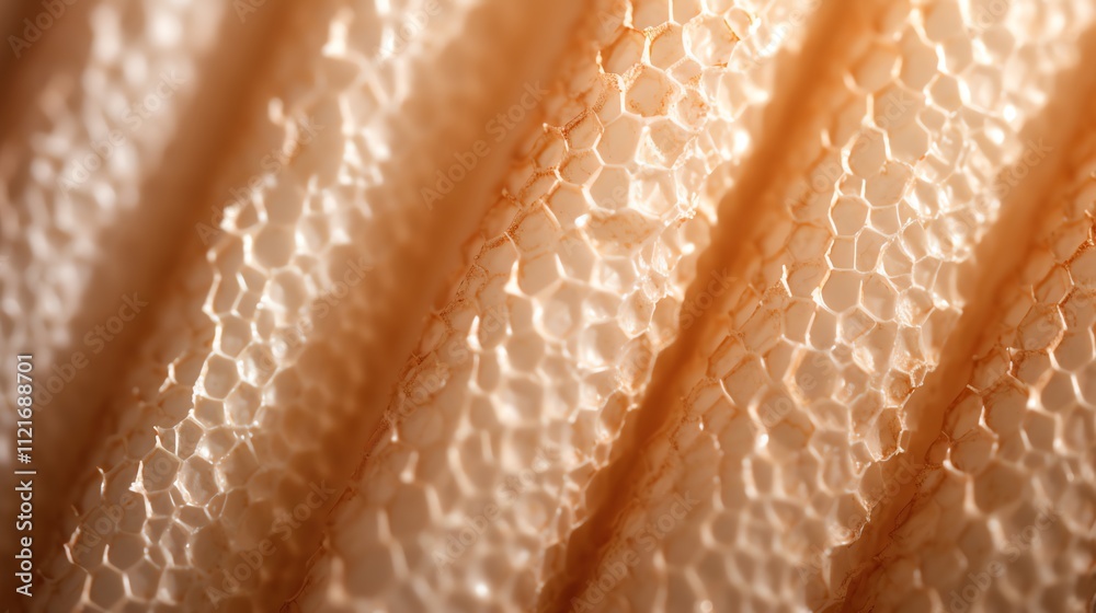 Close-up macro shot of honeycomb-like textured surface with warm lighting. Close-up macro shot of honeycomb-like textured surface with warm lighting.