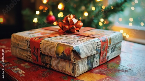 A beautifully wrapped gift sits on a table, adorned with a bow, surrounded by festive decorations and soft holiday lights. photo