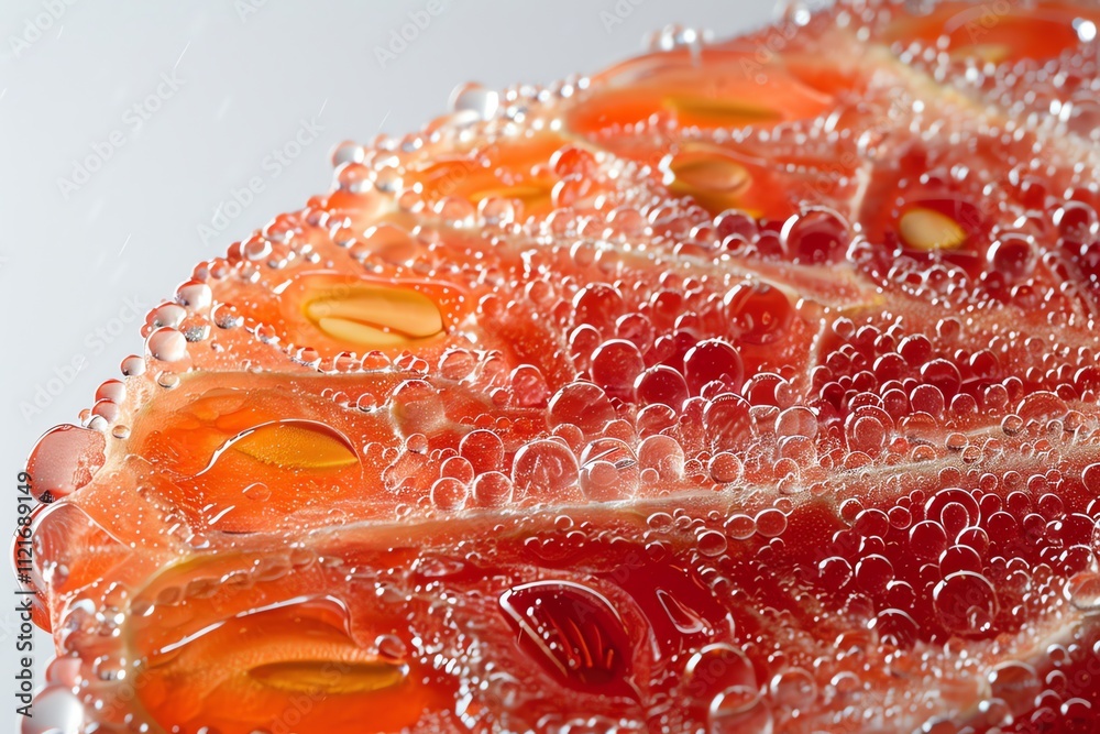 Close-up of a citrus fruit slice submerged in water, showing bubbles and details. Close-up of a citrus fruit slice submerged in water, showing bubbles and details.