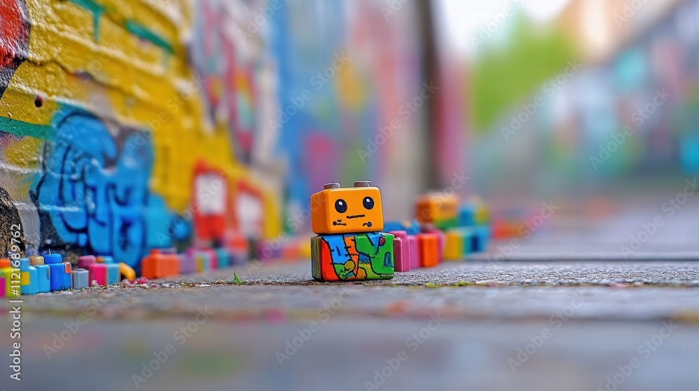 Brightly colored toy figures are arranged on a sidewalk adorned with colorful street art, capturing a playful atmosphere on a sunny day in an urban setting Brightly colored toy figures are arranged on a sidewalk adorned with colorful street art, capturing a playful atmosphere on a sunny day in an urban setting