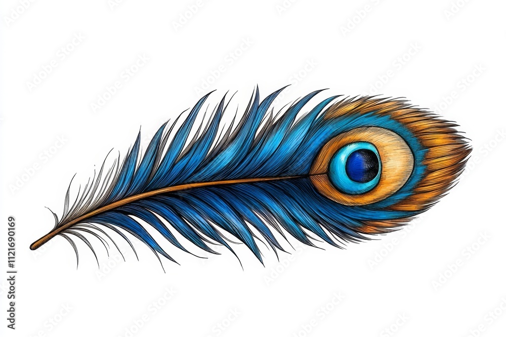 Obraz premium A playful illustration of a peacock feather symbolizing Lord Krishna, drawn with bold strokes on a white background