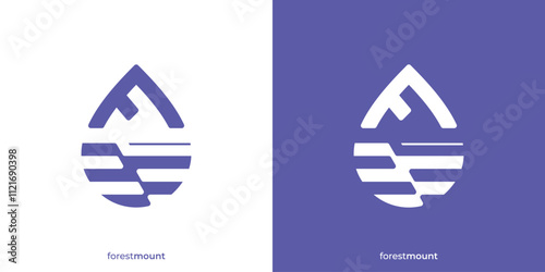 Creative Forest Mount Logo. Water Drop and Wave, River Mountain as Initial F for Forest. Nature Logo Design Template.