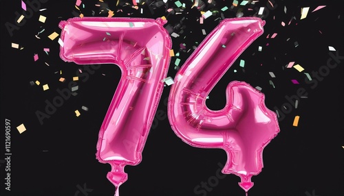 Pink birthday / anniversary balloon, number 74, black background with confetti