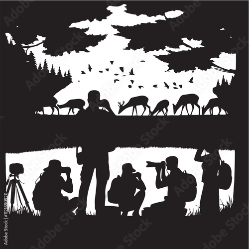 Black silhouette Vector forest and sum deer with white background