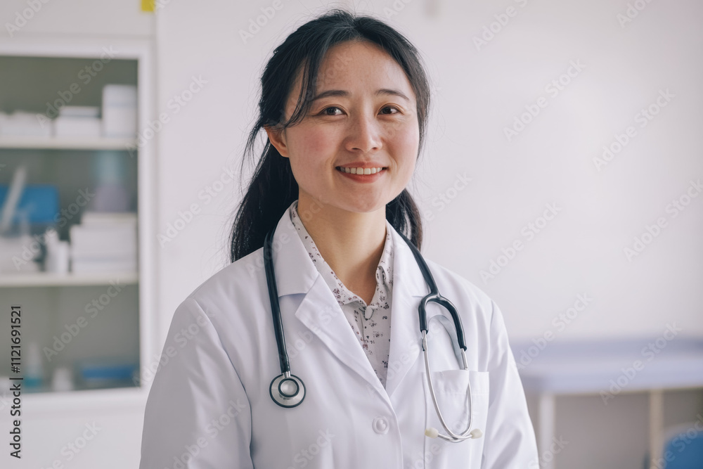 Portrait of a smiling Chinese doctor in his office with a phonondoscope Portrait of a smiling Chinese doctor in his office with a phonondoscope