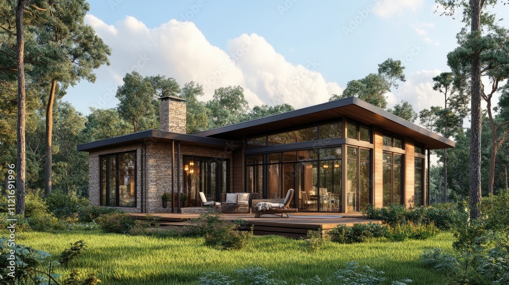 Modern house with large windows and stone exterior nestled in a forest. Modern house with large windows and stone exterior nestled in a forest.