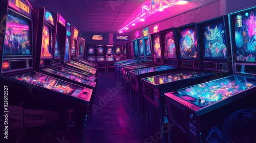 Vibrant pinball machine lights in neon arcade glow for retro gaming experience. Arcadia. Illustration photo