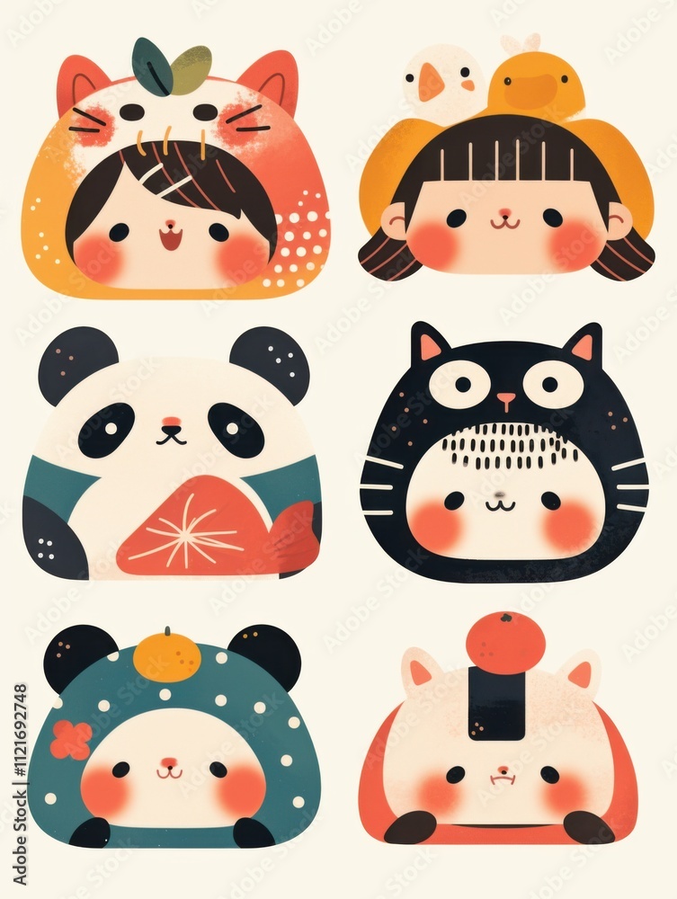 Fototapeta premium Whimsical Children's Book Icons: Bold Line Cartoon Characters