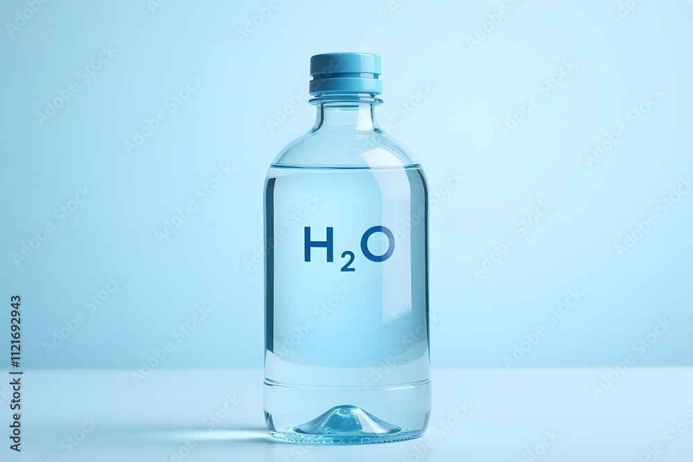 Obraz premium Clear plastic water bottle with h2o label on light blue background
