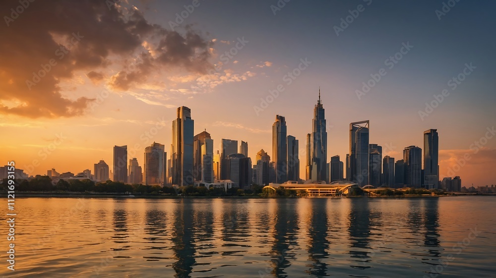 Fototapeta premium Golden Hour Skyline: Urban Oasis at Sunset