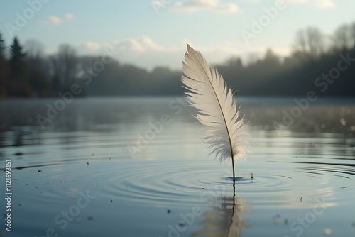 Tranquil scene with white feather floating on serene lake at dawn