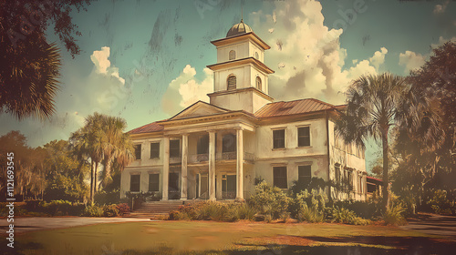 Vintage style photography of the historic de soto county courthouse in arcadia, florida, showcasing architectural details and timeless charm of a southern landmark. Arcadia. Illustration