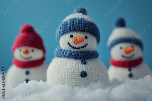 Little Knitted Snowmen on Soft Snow Against a Blue Background