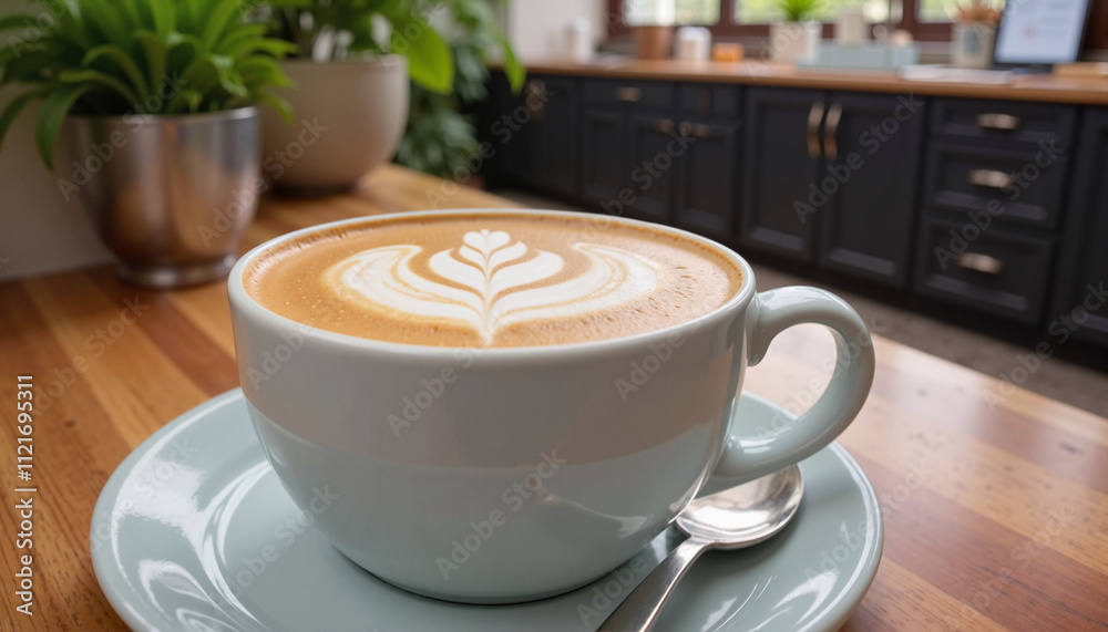 Artistic latte coffee with milk froth in a stylish cup on a wooden table Artistic latte coffee with milk froth in a stylish cup on a wooden table