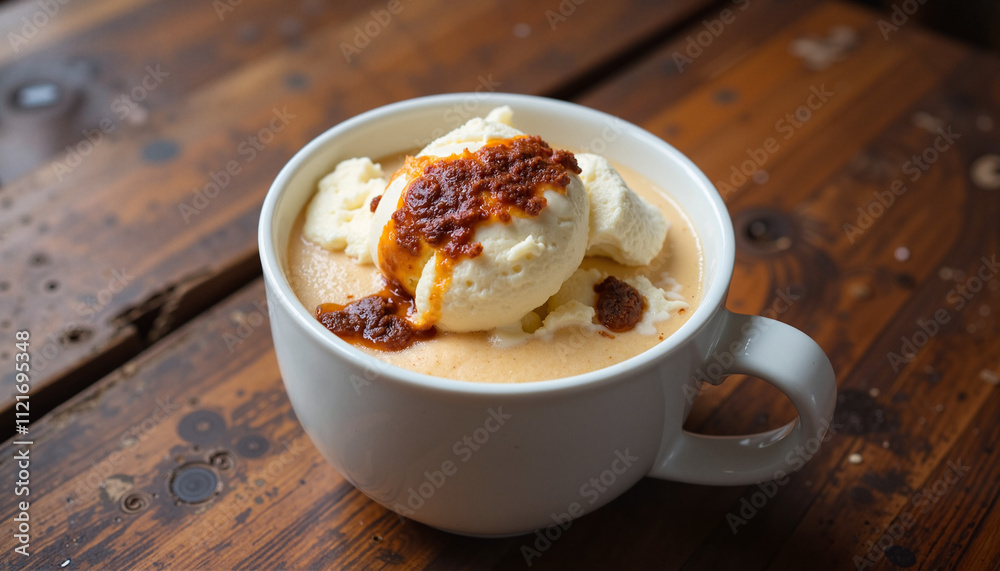 Ice cream sundae in white cup with caramel sauce and wooden table background Ice cream sundae in white cup with caramel sauce and wooden table background