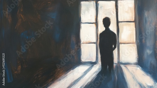 Dark room, figure silhouetted by bright window.