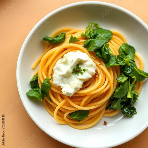 Side view spaghetti with greens and ricotta cheese in round white plate