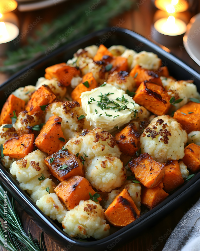 Roasted sweet potatoes and cauliflower in a black baking dish, garnished with butter and herbs. Roasted sweet potatoes and cauliflower in a black baking dish, garnished with butter and herbs.