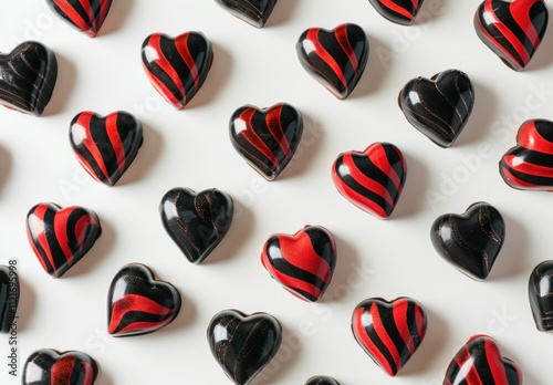 Heart shapes, decorations, black and red colors, romantic theme, various patterns of hearts arranged on a white background, ideal for Valentine s Day or love related concepts photo