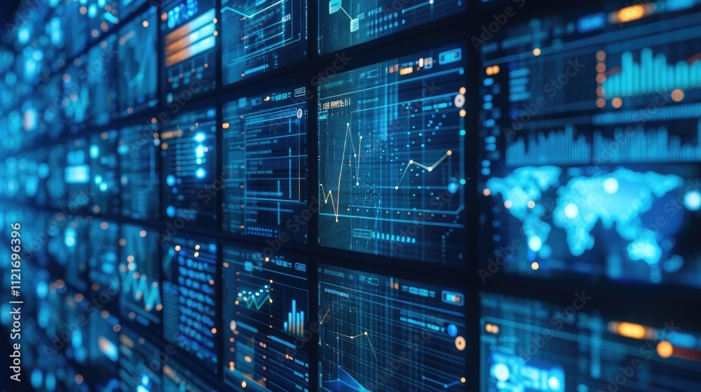 A blue picture of screens monitoring data. A blue picture of screens monitoring data.