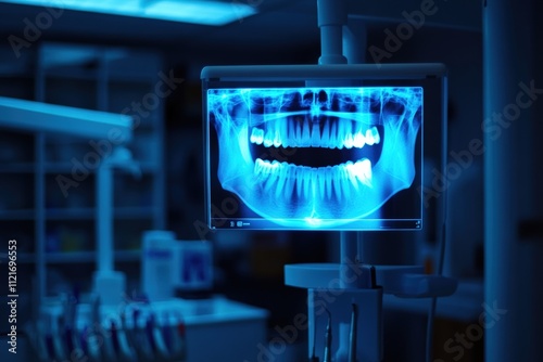 A dental x-ray machine glowing in a dark room. photo