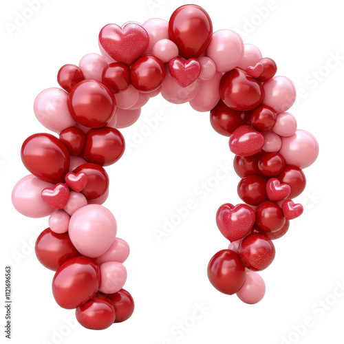 Colorful balloon arch with hearts and vibrant shades of red and pink, perfect for celebrations, parties, or romantic occasions to enhance festive atmospheres photo