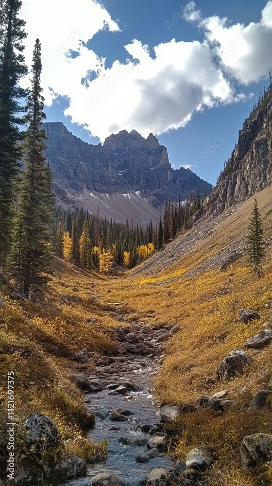 Autumnal Mountain Valley with a Crystal Clear Creek: A Serene Escape into Nature's Embrace Autumnal Mountain Valley with a Crystal Clear Creek: A Serene Escape into Nature's Embrace