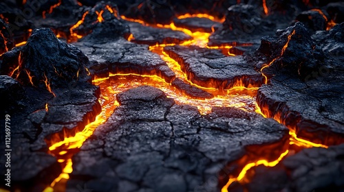 Molten Lava Flowing Through Cracked Volcanic Rock Surface