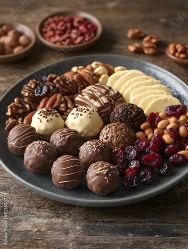 Assorted gourmet chocolates and nuts arranged on a dark gray plate.