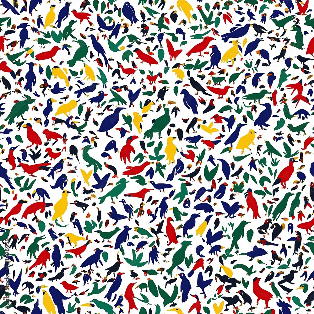 A vibrant seamless pattern featuring a variety of colorful birds against a white background. A vibrant seamless pattern featuring a variety of colorful birds against a white background.