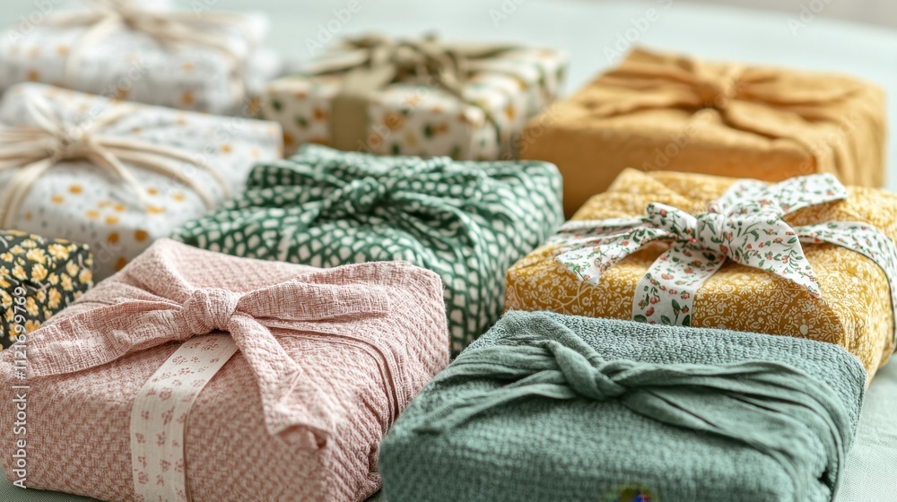 A collection of beautifully wrapped gift boxes in various colors and patterns, tied with ribbon, arranged neatly on a light surface. A collection of beautifully wrapped gift boxes in various colors and patterns, tied with ribbon, arranged neatly on a light surface.