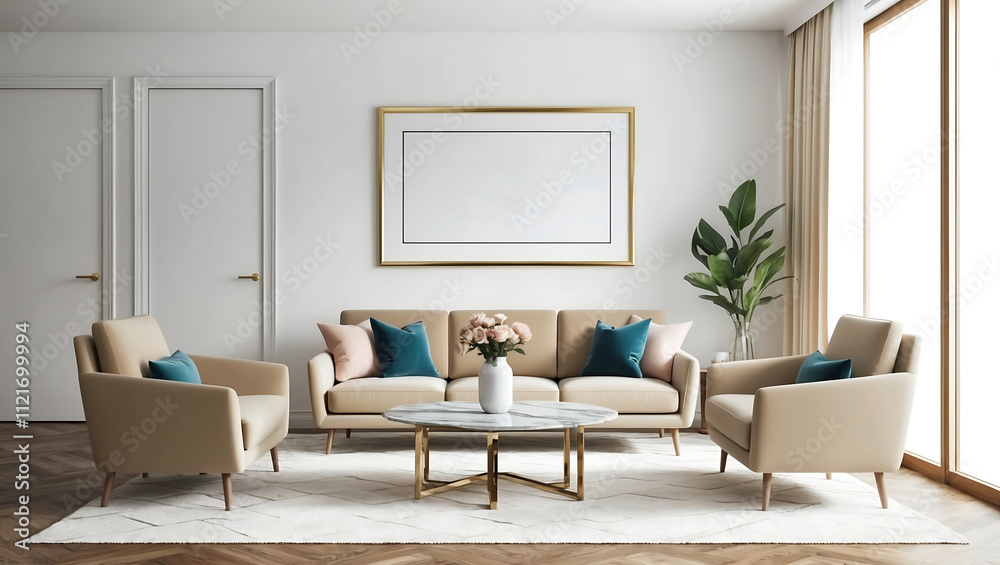 Fototapeta premium Mock up poster frame in modern interior with leather sofa and accessories in the room. Frame & poster mockup in Boho style interior. 3d illustration