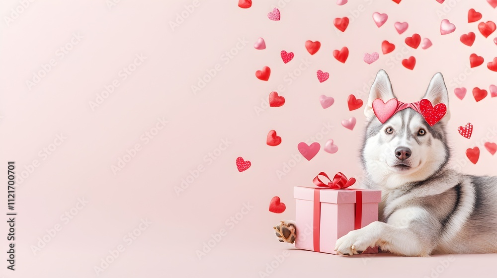 A dog is laying on the ground with a pink box in front of it A dog is laying on the ground with a pink box in front of it