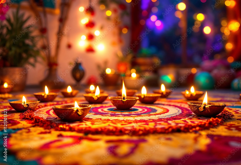 Colorful rangoli design with illuminated diyas in a festive setting during a cultural celebration, showcasing intricate patterns and vibrant decorations Colorful rangoli design with illuminated diyas in a festive setting during a cultural celebration, showcasing intricate patterns and vibrant decorations
