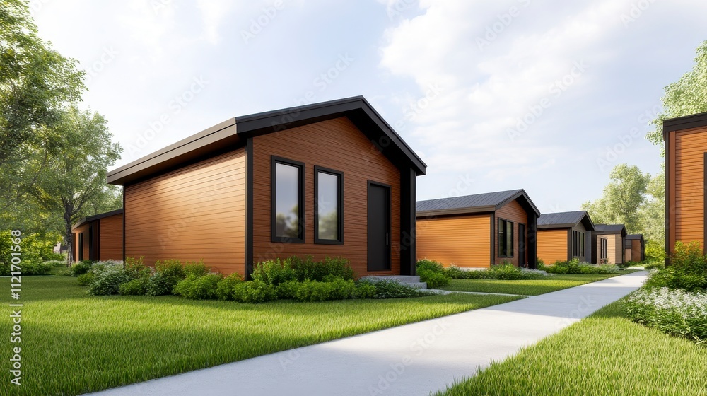 Modern Residential Cabins in a Scenic Landscape Surrounded by Lush Greenery and Clear Blue Skies, Showcasing Contemporary Architecture and Tranquil Environment Modern Residential Cabins in a Scenic Landscape Surrounded by Lush Greenery and Clear Blue Skies, Showcasing Contemporary Architecture and Tranquil Environment