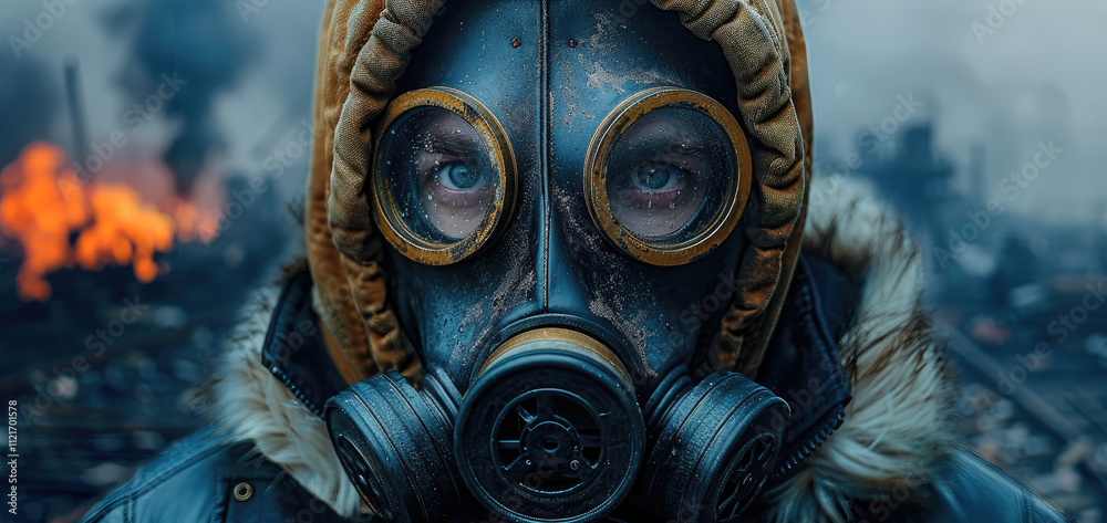 A guy in gas mask reflex on mask on the old factory background. A guy in gas mask reflex on mask on the old factory background.